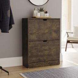 Vida Designs Shoe Cabinet, Wooden Shoe Storage Unit with 2 Flip Drawers, Multifunctional Dust-Proof Space-Saving Slim Cupboard for Hallway or Entryway, 100% FSC Certified (Dark Wood)