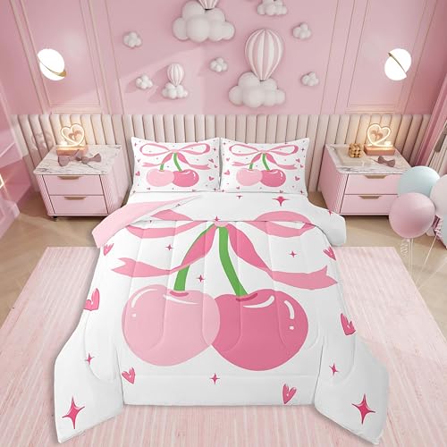 Erosebridal Girls Cartoon Bowknot Comforter Set Full,Hand Drawn Love Heart Bedding for Kids Teens,Cherry Coquette Quilt,Glitter Stars Down Comforter