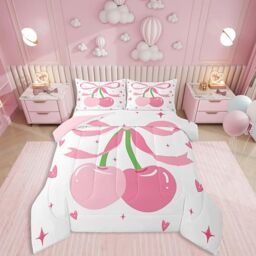 Erosebridal Girls Cartoon Bowknot Comforter Set Full,Hand Drawn Love Heart Bedding for Kids Teens,Cherry Coquette Quilt,Glitter Stars Down Comforter