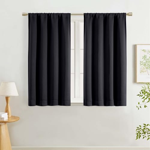 "Lecloud Black Blackout Curtains for Bedroom 45 Inch Length 2 Pcs, Thermal Insulated Farmhouse Living Room Curtains for Dining Room, Rod Pocket Modern Privacy Window Drapes, Each Panel 40"" W x 45"" L"