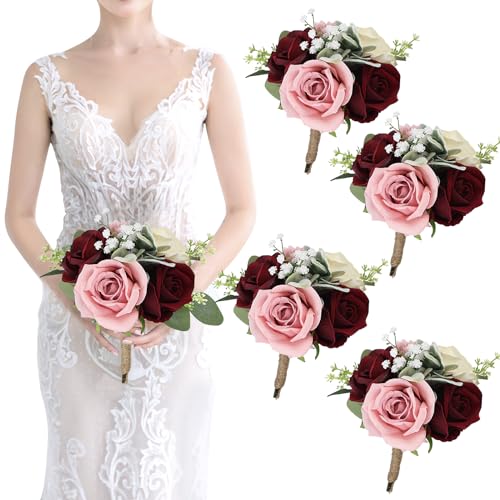 Set of 4 Artificial Bridesmaid Bouquets Blush & Burgundy -7 Inch Silk Rose Wedding Flower Bouquets for Bridesmaid Holding Flowers, Bridal Shower, Wedding Centerpiece Ceremony and Anniversary
