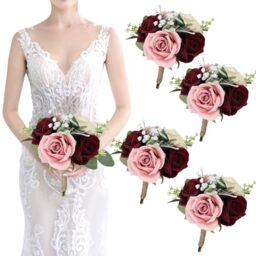 Set of 4 Artificial Bridesmaid Bouquets Blush & Burgundy -7 Inch Silk Rose Wedding Flower Bouquets for Bridesmaid Holding Flowers, Bridal Shower, Wedding Centerpiece Ceremony and Anniversary