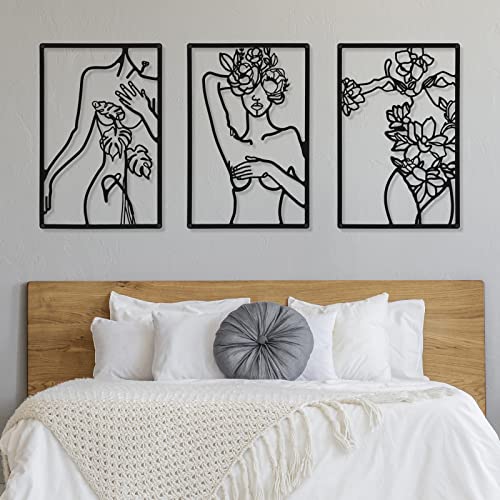 CHENGU 3 Pieces Metal Minimalist Abstract Woman Wall Art Line Drawing Wall Art Decor Single Line Female Home Hanging Wall Art Decor for Kitchen Bathroom Living Room (Black, Body with Flower)