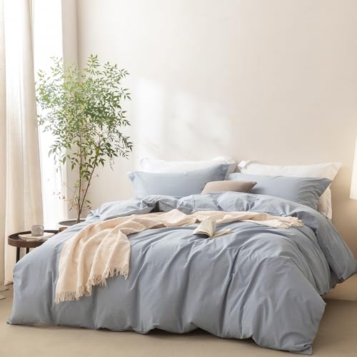 BDEAR Linen Feel Duvet Cover King Size, 100% Washed Cotton Comforter Cover 90x90inch with Zipper Closure Plus 2 Pillowcases, Solid-Cornflower Blue