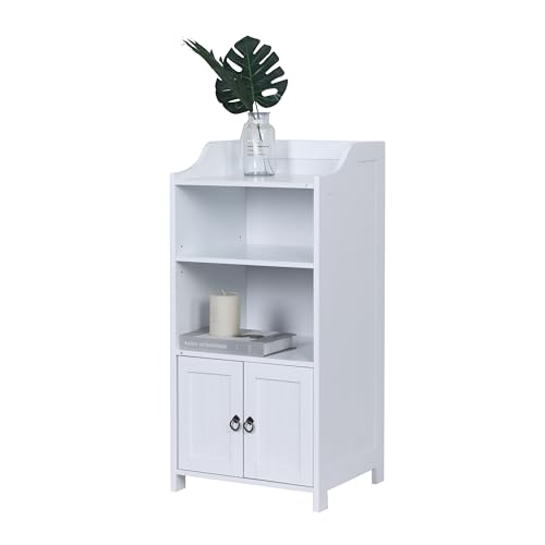 Relaxdays bathroom cabinet, HxWxD: 86x40.5x36 cm, 4 shelves, 2 doors, MDF, slim bathroom storage unit, white