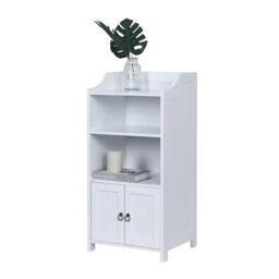 Relaxdays bathroom cabinet, HxWxD: 86x40.5x36 cm, 4 shelves, 2 doors, MDF, slim bathroom storage unit, white