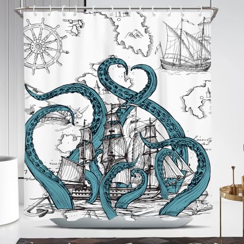 Coxila Nautical Octopus Shower Curtain Standard Monster Ocean Boys Kids Funny Fun Kraken Anime Pirate Sea Life Cool Sailboat Ship Bathroom 72 x 72 Inch Polyester Fabric 12 Pack Hooks