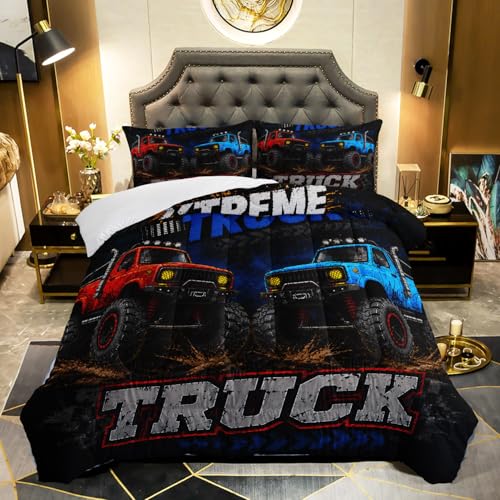 QOOMO Monster Truck Comforter Set for Kids Teens Boys,Cars Kids Comforter Comforter with 2 Pillowcase, Microfiber 3 Piece Bedding Set,Soft and Lightweight(Black???Full Size)