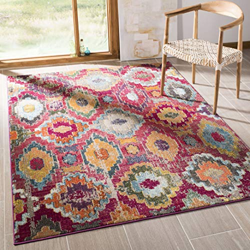 Safavieh Boho Rug for Living Room, Dining Room, Bedroom - Monaco Collection, Short Pile, in Red and Blue, 90 x 150 cm