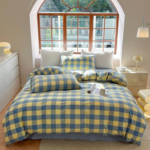 FACE TWO FACE Bedding Duvet Cover Set100% Washed Cotton Duvet Cover Linen Like Textured Breathable Durable Soft Comfy (Queen, Blue Yellow Grid)
