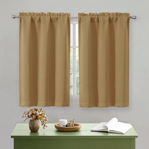 "OWENIE Gold Short Blackout Curtains 45 Inch Length 2 Panels Set for Small Kitchen Bedroom Window, Rod Pocket Privacy Curtains Tier for Bathroom Basement Cabinet Camper RV Bunk, Each 30"" Wx45 L"