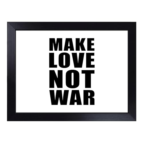 Lap Tray with Bean Bag Cushion, Make Love Not War Typography Quote - Handmade in the UK, Raised Wooden Edge, Padded Cushion, Heat-Resistant Wipe-Clean Surface, for Meals, Laptops and Crafts