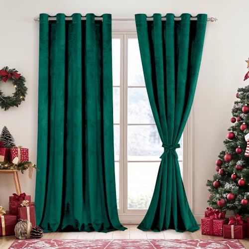 DWCN Velvet Curtains Extra Wide - Dark Green Blackout Refresh Bundleable Heavy Duty Thermal Insulated Noise Absorb Grommet Window Panels for Bedroom/Living Room Backdrop Decor, W60 x L84, Set of 2