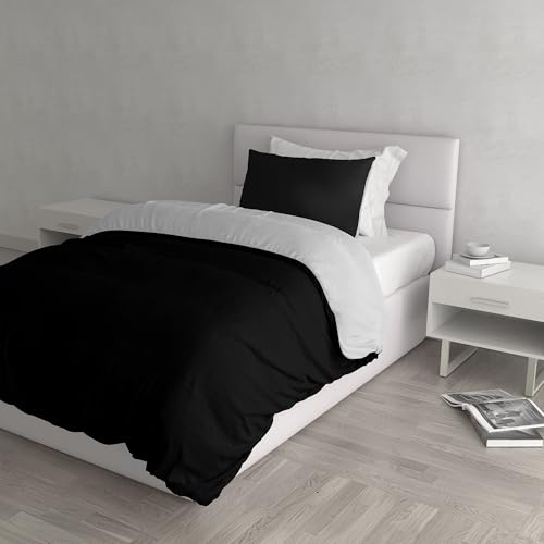 Italian Bed Linen Natural Color Duvet Cover Set with Doubleface Solid Colour Bag Sheet and Pillowcase, 100% Cotton, Black/Light Gray, single