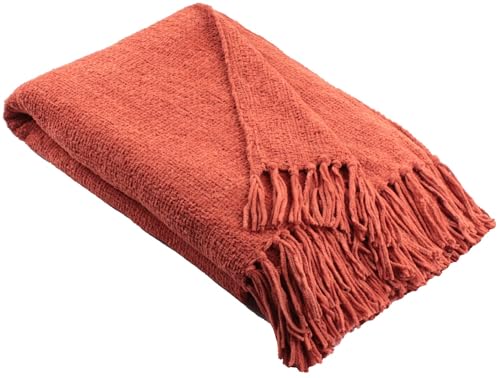 Appletree Terracotta Orange Chenille Throw ??? Textured Sofa Blanket ??? W130 x L180cm ??? Tasselled Knit ??? Soft Woven Home Decor Blanket