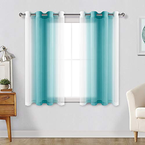 Hiasan Ombre Sheer Curtains for Living Room - Faux Linen Voile Grommet Window Curtains for Bedroom, Set of 2 Panels, 52 x 54 Inches Length, Turquoise Gradient