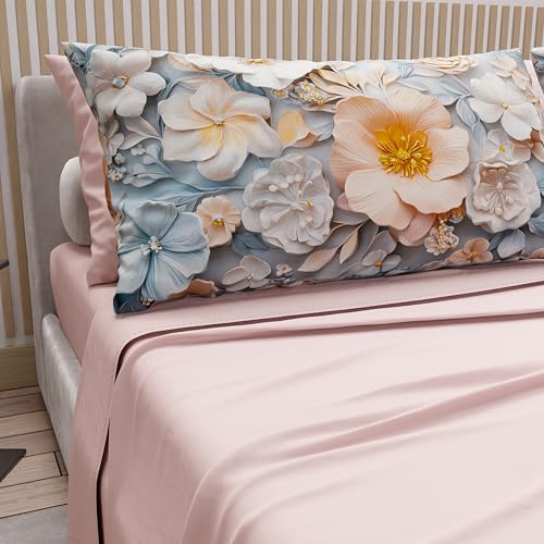 PETTI Artigiani Italiani - Cotton Sheets with Pillowcases in Digital Print, French Queen, Complete Top and Bottom Sheet with Corners, Floral 05 20 Light Powder, 100% Made in Italy