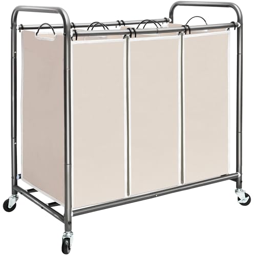STORAGE MANIAC 3 Section Laundry Sorter, 3 Bag Laundry Hamper Cart with Heavy Duty Rolling Lockable Wheels and Removable Bags, Beige
