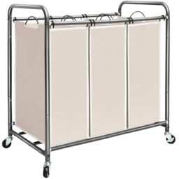STORAGE MANIAC 3 Section Laundry Sorter, 3 Bag Laundry Hamper Cart with Heavy Duty Rolling Lockable Wheels and Removable Bags, Beige