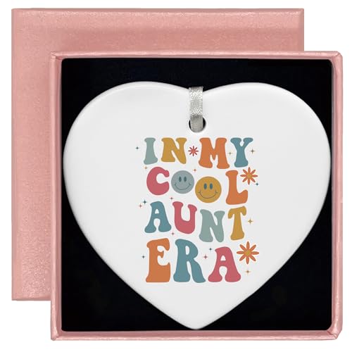 Heart Shaped White Ceramic Ornament-Cool Aunt Era Gift-Best Aunt Ever Keepsake for Niece Nephew-Birthday or Baby Announcement Present for New Auntie to Be-Promoted to Auntie Ceramic Ornament