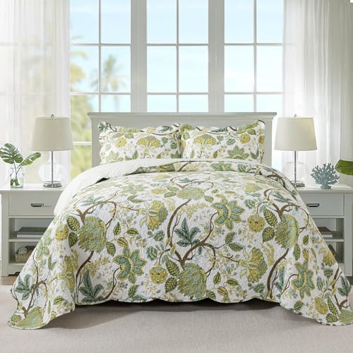 Travan 3-Piece Quilt Set Quilted Bedspread Cotton Coverlet Set Floral Oversized Quilted Bedding Set for All Season, White Vine, King Size