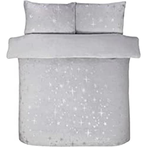 Sleepdown Scattered Stars Foil Fleece Silver Plain Reverse Warm Soft Cosy Duvet Cover Quilt Bedding Set with Pillowcases - King (230cm x 220cm)