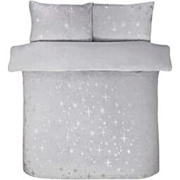 Sleepdown Scattered Stars Foil Fleece Silver Plain Reverse Warm Soft Cosy Duvet Cover Quilt Bedding Set with Pillowcases - King (230cm x 220cm)