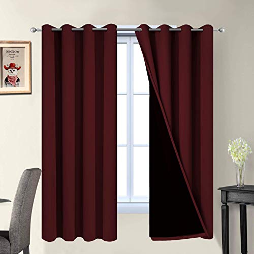 "Yakamok Burgundy Red Blackout Curtains 63 Inches Long for Bedroom 52"" Wide - Blackout Curtain Panels for Bedroom, 2 Thick Layers Grommet Top Thermal Insulated Drapes with Black Liner for Living Room"