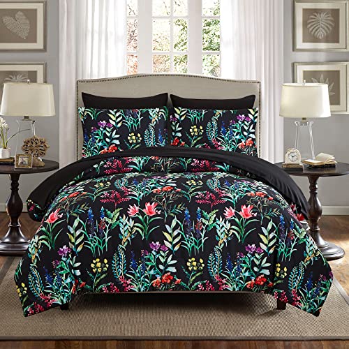 DHSFKBE 7 Piece Bed in a Bag Floral Comforter Set, Botanical Flowers Comforter and Sheet Set, Soft Microfiber Lightweight Bedding Comforter Set for All Season(Dark Floral, Queen)