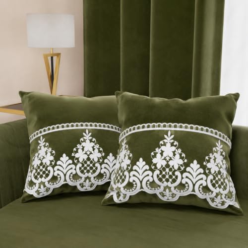 PETTI Artigiani Italiani - 2 Velvet Cushions with Rebrod?? Lace, Filling Included, 50 x 30 cm, Olive Green