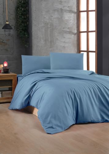 Nuit Des Rêves Ranforce Single XXL Quilt Cover Set, 100% Cotton, Blue, 155 x 220 cm - Includes 80 x 80 cm Pillowcase - Machine Washable, Button Closure, 155 Thread Count