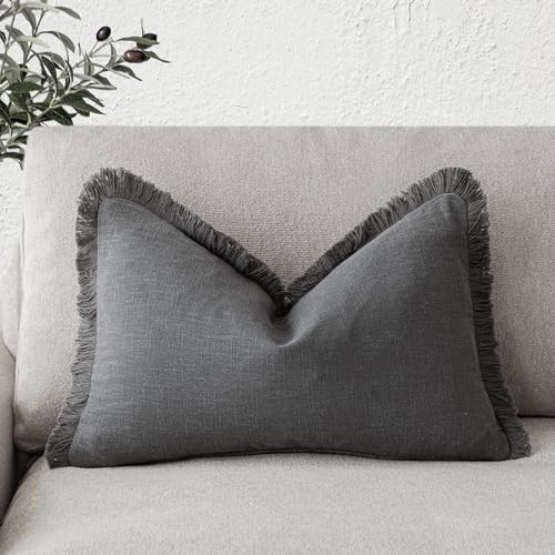 Foindtower Decorative Linen Fringe Lumbar Throw Pillow Covers Cozy Boho Farmhouse Cushion Cover with Tassel Soft Accent Pillowcase for Sofa Bed Living Room Home Decor, 12??20 Inch, 1PC, Gray