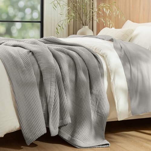 "PHF Reversible Waffle & Muslin Blanket 100% Cotton 400GSM Queen Size 90"" x 90"", Breathable Lightweight and Soft, Luxury Aesthetic Waffle Gauze Blanket for Home Decor, Frosted Grey"