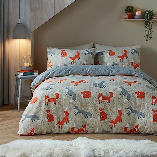 Fusion - Natural Fox Duvet Cover - King Size (230 x 220cm) - Super Soft 100% Brushed Cotton - Reversible Design - Woodland With Red Foxes Print - Fox Gifts