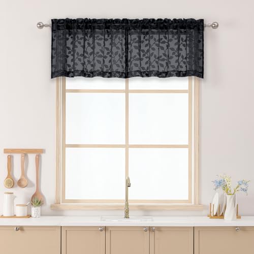 "Chyhomenyc Black Sheer Valances for Windows 18 Inch Length 2 Pcs, Light Filtering Leaf Textured Cafe Short Kitchen Curtains, Top Small Curtain for Living Room Bedroom Basement, 42"" W x 18"" L"