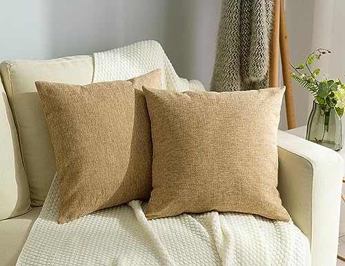 Stellhome Set of 2 Decorative Linen Throw Pillow Covers Square Farmhouse Burlap Cushion Covers for Bedroom, 20 x 20 inch (50 cm), Natural Linen
