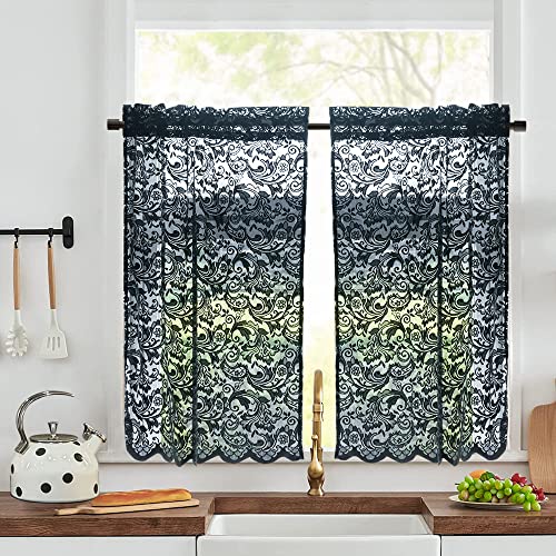 ALIGOGO Black Lace Kitchen Curtains 36 Inch Length Elegant Gothic Cafe Tier for Bedroom Bathroom Rod Pocket Small Window Halloween/Boho Room Decor 2 Panels