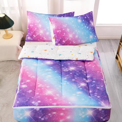A Nice Night Zipper Bedding, Blue Purple Rainbow Galaxy, Twin Size - For Girls, Gradient Glitter, Comforter Set, Kids Bedding Set