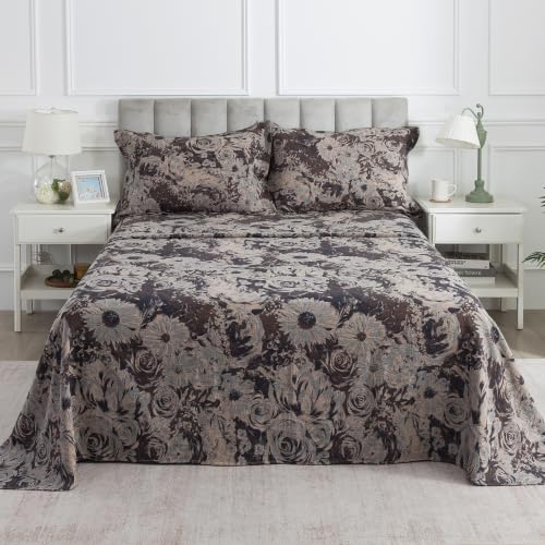 Puralens Brown Floral Muslin Sheets California King, Shabby Rose Daisy Chic Soft Deep Pocket Sheet Set, Dark Flower Aesthetic Vintage Bed Sheets, Luxury Farmhouse Bedding, 100% Washed Cotton, 4Pcs