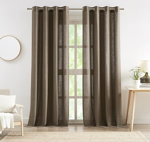 "Central Park Caf?? Brown Semi Sheer Grommet Curtain Linen Blend, 58""Wx95""Lx2 - Flax Solid Drape, Light Filtering Panel, 95 Inch Long, Window Treatment Set, Farmhouse Rustic, for Living Room Bedroom"