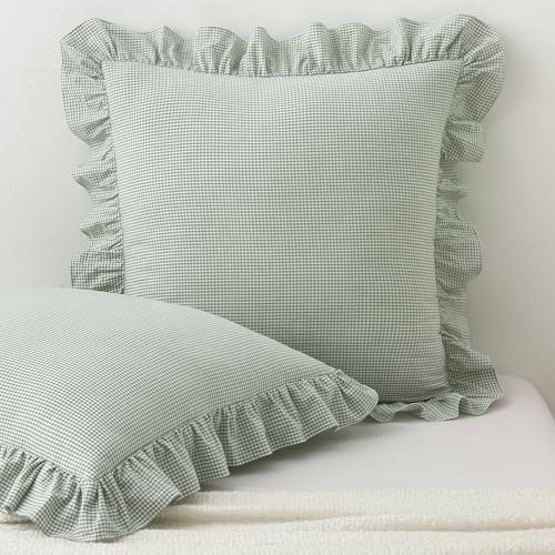 Aryeleay 2 Pack Pile Green White Plaid Gingham Ruffle Pillow Shams, 100% Washed Cotton Checkered Farmhouse Pillow Covers for Bed/Sofa-22 x22