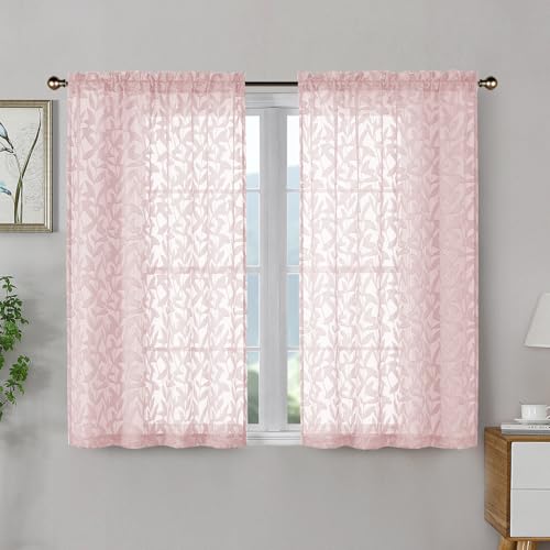 OWENIE Leyna 2 Panels Blush Pink Sheer Curtains 45 Inch Length, Jacquard Clip Textured Semi Small Window Curtain for Bedroom Living Room, Farmhouse Rod Pocket Leaves Drapes, 40Wx45L Inches