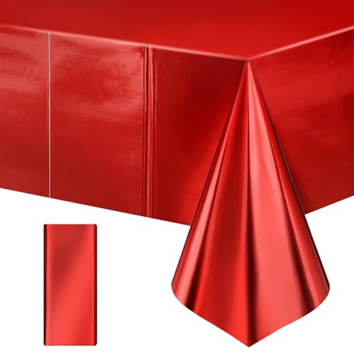 "Just Shimmer 1 pcs Red Tablecloth Plastic -Stunning Metallic Matte Finish, 40"" x 108"" Christmas Table Cloth, Perfect for Carnival Birthday Party Decorations Casino Night Graduation Table Supplies"