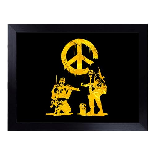 Lap Tray with Bean Bag Cushion, Banksy In Gold Peace Soldiers Graffiti - Handmade in the UK, Raised Wooden Edge, Padded Cushion, Heat-Resistant Wipe-Clean Surface, for Meals, Laptops and Crafts