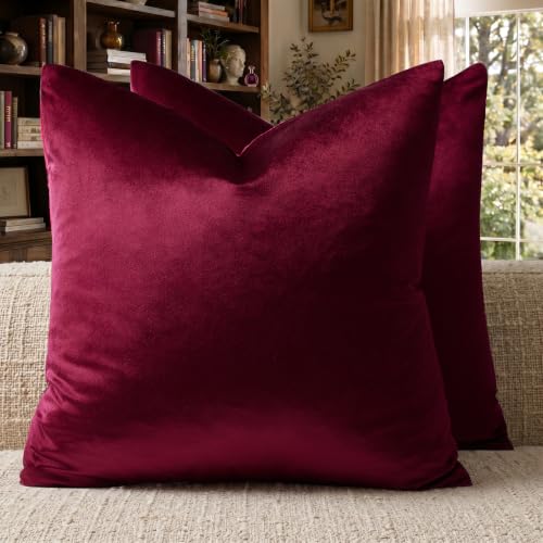 GIGIZAZA Burgundy Pillow Covers 24x24: Pack of 2 Throw Pillows Soft Solid Covers - Velvet Decorative Couch Big Cushion Covers Used for Chrismas Room Decor,Living Room,Bedroom,Sofa