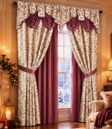"GOHD Samba Star. Jacquard Window Curtain Panel Drape with Attached Fancy Valance and taffeta backing. 2pcs Set. Each pc 54"" Wide x 90"" Drop with 18"" Valance. (BURGUNDY)"