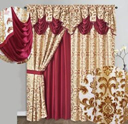 "GOHD Samba Star. Jacquard Window Curtain Panel Drape with Attached Fancy Valance and taffeta backing. 2pcs Set. Each pc 54"" Wide x 90"" Drop with 18"" Valance. (BURGUNDY)"