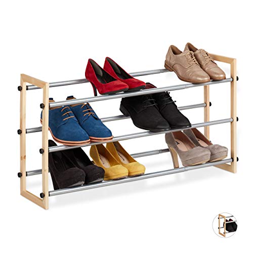 Relaxdays Extendible Shoe Rack, Open Storage Stand with 3 Tiers Wood & Iron, Up to 118 cm, Natural