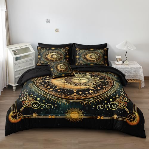 Herside Sun and Moon Bed in a Bag Black Psychedelic Celestial Bedding Comforter Set King Size,Bohemian Bedding Galaxy Comforter Set for Boys Girls Women,Gothic Mystic Witchy Bedding for Room Decor