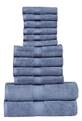 HILLFAIR 12 Piece- 600 GSM Cotton - Hotel Spa Towels Set- 2 Bath Towels, 4 Hand Towels, 6 Washcloths- Absorbent Super Soft Cotton Towels Set- Blue- 100% Cotton